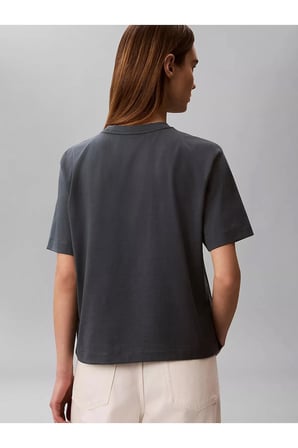 Kadın Normal Kalıp Pamuklu Yuvarlak Yakalı CK Logo Baskılı Kısa Kollu Antrasit T-Shirt
