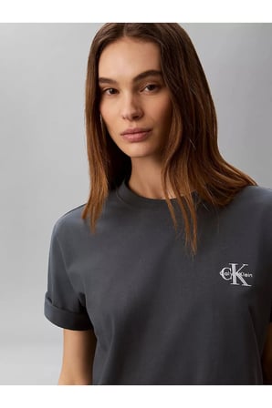 Kadın Normal Kalıp Pamuklu Yuvarlak Yakalı CK Logo Baskılı Kısa Kollu Antrasit T-Shirt