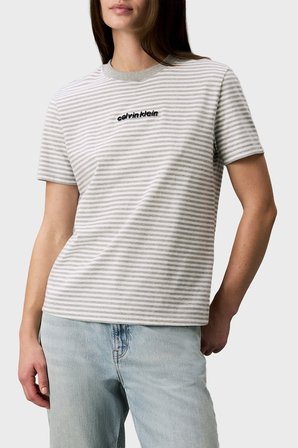 Calvin Klein Pamuklu Çizgili Bisiklet Yaka T Shirt LV047G812G21L Bayan T SHİRT LV047G812G 21L GRİ-BEYAZ
