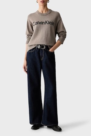 Calvin Klein Logolu % 100 Pamuk Bisiklet Yaka Örme Kazak LV044G313GTS7 Bayan KAZAK LV044G313G TS7 KAHVE