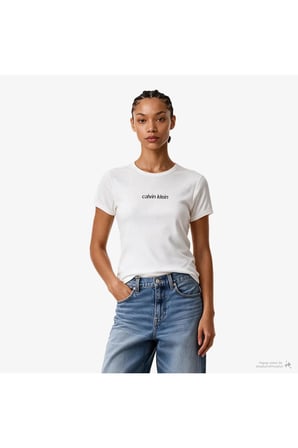 Contour Rib Logo Ringer Kadın Beyaz T-Shirt