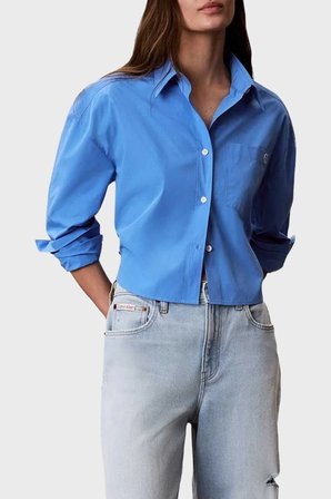 Calvin Klein % 100 Pamuk Poplin Logolu Kısa Gömlek LV047F104GCG1 Bayan GÖMLEK LV047F104G CG1 MAVİ