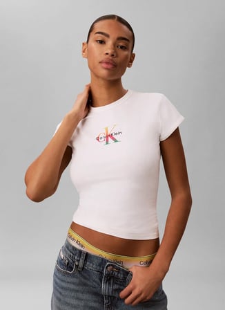 Calvin Klein Jeans Beyaz Kadın Bisiklet Yaka Baskılı T-Shirt LV047G832GYAF