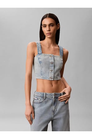 Kadın Normal Kesim Düğme Kapamalı Askılı Crop Mavi T-Shirt