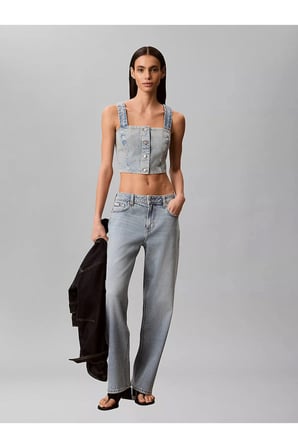 Kadın Normal Kesim Düğme Kapamalı Askılı Crop Mavi T-Shirt