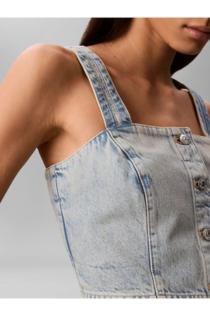 Kadın Normal Kesim Düğme Kapamalı Askılı Crop Mavi T-Shirt