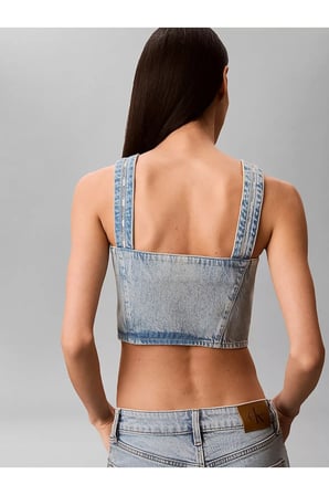 Kadın Normal Kesim Düğme Kapamalı Askılı Crop Mavi T-Shirt