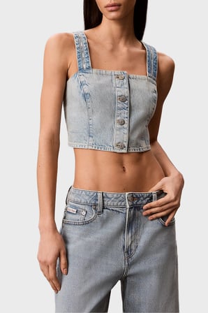 Calvin Klein % 100 Pamuk Logolu Şeritli Kot Askılı Bluz Bayan BLUZ LV047G728G YP3 AÇIK MAVİ