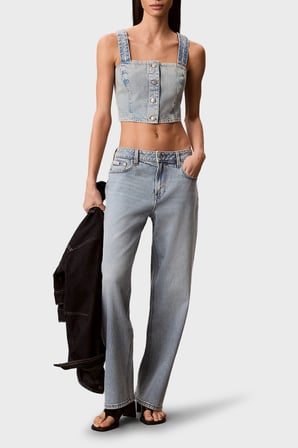 Calvin Klein % 100 Pamuk Logolu Şeritli Kot Askılı Bluz Bayan BLUZ LV047G728G YP3 AÇIK MAVİ