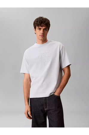 Erkek Rahat Kesim CK Logo İşlemeli Yuvarlak Yakalı Kısa Kollu Mavi T-Shirt