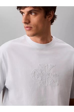 Erkek Rahat Kesim CK Logo İşlemeli Yuvarlak Yakalı Kısa Kollu Mavi T-Shirt