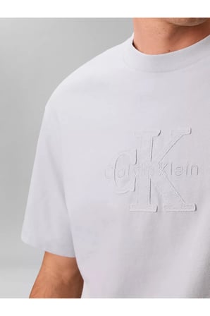 Erkek Rahat Kesim CK Logo İşlemeli Yuvarlak Yakalı Kısa Kollu Mavi T-Shirt