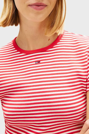 Tommy Jeans Pamuklu Çizgili Slim Fit Bisiklet Yaka T Shirt Bayan T SHİRT DW0DW17383 0EY KIRMIZI-BEYAZ