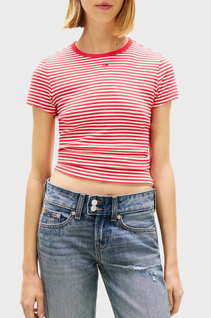 Tommy Jeans Pamuklu Çizgili Slim Fit Bisiklet Yaka T Shirt Bayan T SHİRT DW0DW17383 0EY KIRMIZI-BEYAZ
