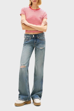 Tommy Jeans Pamuklu Çizgili Slim Fit Bisiklet Yaka T Shirt Bayan T SHİRT DW0DW17383 0EY KIRMIZI-BEYAZ