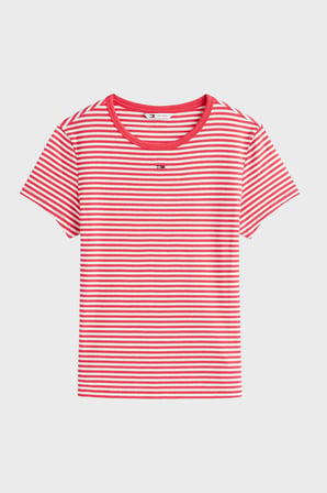 Tommy Jeans Pamuklu Çizgili Slim Fit Bisiklet Yaka T Shirt Bayan T SHİRT DW0DW17383 0EY KIRMIZI-BEYAZ