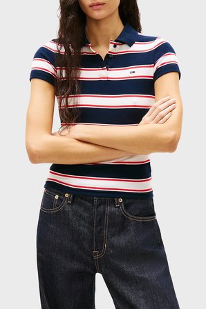 Tommy Jeans Pamuklu Çizgili Slim Fit Düğmeli Polo Yaka T Shirt Bayan POLO YAKA T SHİRT DW0DW22327 0A7 LACİVERT-BEYAZ
