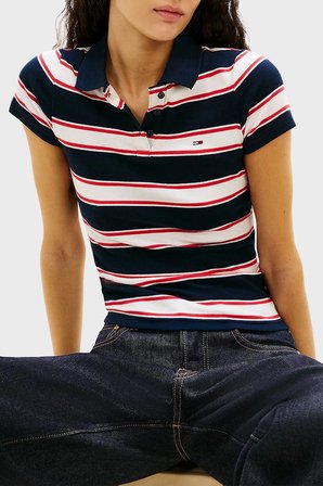Tommy Jeans Pamuklu Çizgili Slim Fit Düğmeli Polo Yaka T Shirt Bayan POLO YAKA T SHİRT DW0DW22327 0A7 LACİVERT-BEYAZ