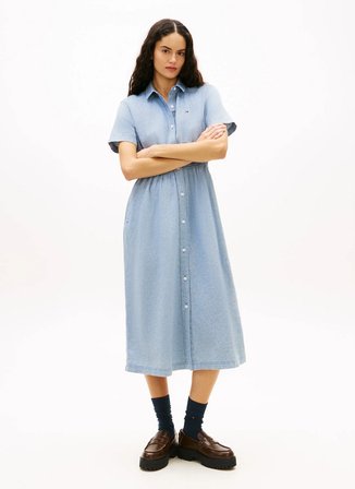 Tommy Jeans Mavi Kadın Gömlek Elbise TJW MAXI LINEN BLEND SHIRT DRESS