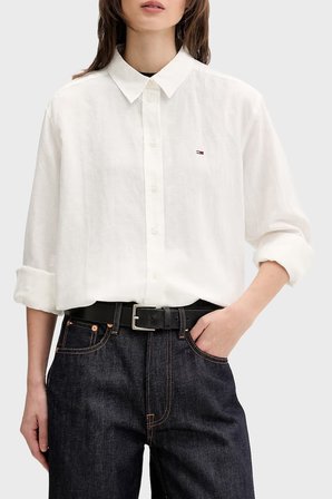 Tommy Jeans Logolu Keten ve Pamuk Karışımlı Uzun Kollu Gömlek Bayan GÖMLEK DW0DW22209 YBL BEYAZ