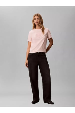 Kadın Normal Kesim Logo İşlemeli Pamuklu Yuvarlak Yakalı Kısa Kollu Pembe T-Shirt