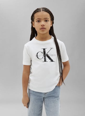 Calvin Klein Beyaz Erkek Çocuk Bisiklet Yaka Baskılı T-Shirt LV1CKTJA15YAF-CK MONOLOGO  T-SHIRT