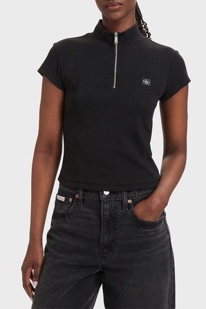 Calvin Klein Pamuklu Logolu Slim Fit Fermuarlı Dik Yaka Top LV047G240GUB1 Bayan TOP LV047G240G UB1 SİYAH