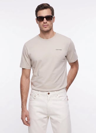 Calvin Klein Bej Erkek Bisiklet Yaka T-Shirt LV04LC255GPDJ_SS MICRO LOGO CREWNE