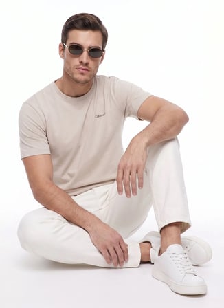Calvin Klein Bej Erkek Bisiklet Yaka T-Shirt LV04LC255GPDJ_SS MICRO LOGO CREWNE