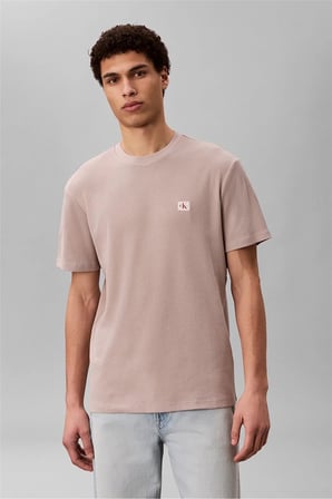 Erkek Normal Kesim Yuvarlak Yakalı Logo Etiketli Kısa Kollu Pembe T-Shirt
