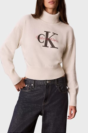 Calvin Klein Logolu % 100 Pamuk Balıkçı Yaka Kazak LV047H329GYAS Kadın KAZAK LV047H329G YAS KREM