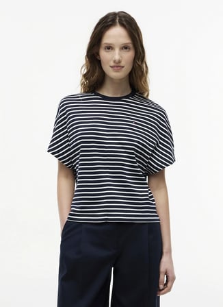 Tommy Hilfiger Lacivert Kadın Bisiklet Yaka Çizgili T-Shirt WW0WW499260X4