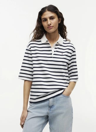 Tommy Hilfiger Beyaz Kadın Çizgili Polo T-Shirt WW0WW499710A9