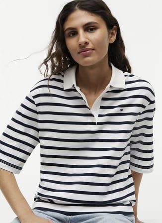 Tommy Hilfiger Beyaz Kadın Çizgili Polo T-Shirt WW0WW499710A9