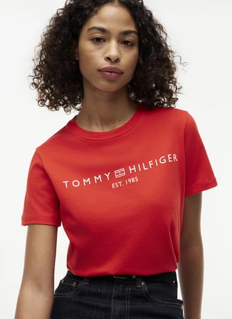 Tommy Hilfiger Kırmızı Kadın Bisiklet Yaka Baskılı T-Shirt WW0WW40276XNF