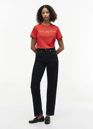 Tommy Hilfiger Kırmızı Kadın Bisiklet Yaka Baskılı T-Shirt WW0WW40276XNF