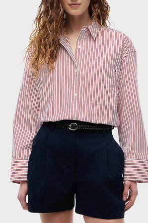 Tommy Hilfiger Poplin Çizgili Oversize Gömlek Kadın GÖMLEK WW0WW51129 0FC BEYAZ-KIRMIZI