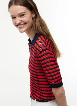 Tommy Hilfiger Kırmızı Kadın Çizgili Triko Polo T-Shirt WW0WW500600X6