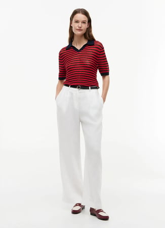 Tommy Hilfiger Kırmızı Kadın Çizgili Triko Polo T-Shirt WW0WW500600X6