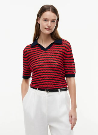 Tommy Hilfiger Kırmızı Kadın Çizgili Triko Polo T-Shirt WW0WW500600X6