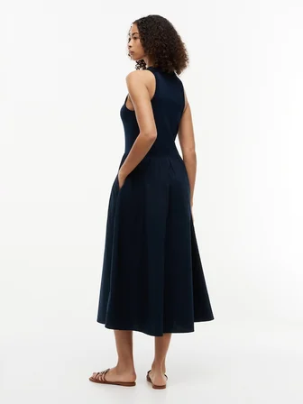 GOLD BUTTON POPLIN MIX DRESS Kadın Mavi Elbise - WW0WW49628