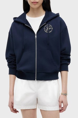 Tommy Hilfiger Pamuklu Regular Fit Kapüşonlu Fermuarlı Logolu Sweat Kadın SWEAT WW0WW50938 C1G LACİVERT