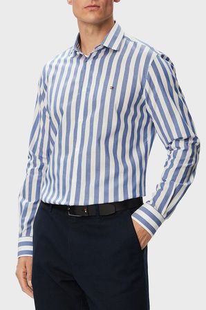 Tommy Hilfiger % 100 Pamuk Regular Fit Çizgili Gömlek Erkek GÖMLEK MW0MW43757 C7F MAVİ
