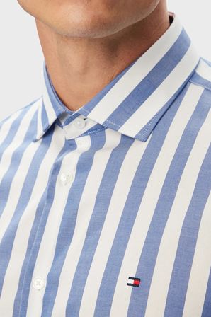 Tommy Hilfiger % 100 Pamuk Regular Fit Çizgili Gömlek Erkek GÖMLEK MW0MW43757 C7F MAVİ