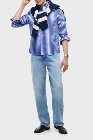 Tommy Hilfiger Çizgili Pamuklu Regular Fit Uzun Kollu Gömlek Erkek GÖMLEK MW0MW43315 0A5 MAVİ-BEYAZ