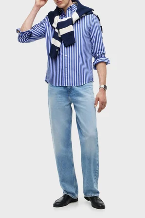 Tommy Hilfiger Çizgili Pamuklu Regular Fit Uzun Kollu Gömlek Erkek GÖMLEK MW0MW43315 0A5 MAVİ-BEYAZ