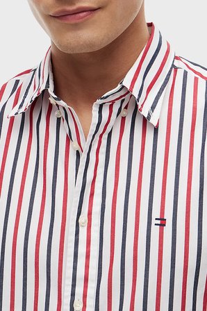 Tommy Hilfiger Çizgili Pamuklu Regular Fit Uzun Kollu Gömlek Erkek GÖMLEK MW0MW43315 0EV Beyaz-Kırmızı-Lacivert