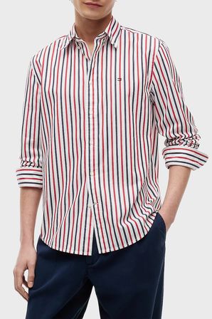 Tommy Hilfiger Çizgili Pamuklu Regular Fit Uzun Kollu Gömlek Erkek GÖMLEK MW0MW43315 0EV Beyaz-Kırmızı-Lacivert