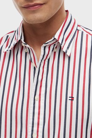 Tommy Hilfiger Çizgili Pamuklu Regular Fit Uzun Kollu Gömlek Erkek GÖMLEK MW0MW43315 0EV Beyaz-Kırmızı-Lacivert