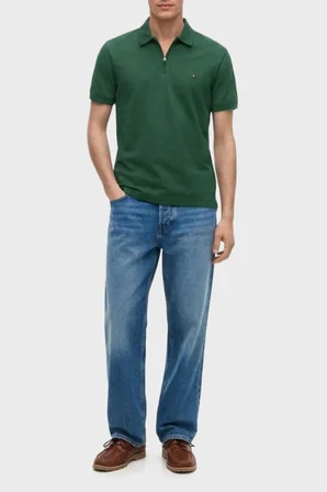 Tommy Hilfiger Pamuk Karışımlı Regular Fit Yarım Fermuarlı Polo Yaka T Shirt Erkek POLO YAKA T SHİRT MW0MW43282 L2N YEŞİL